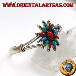 Pulsera de plata rígida, estrella de 12 puntas con coral y turquesa