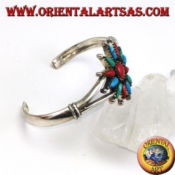 Bracelet rigide en argent, étoile à 12 branches avec corail et turquoise