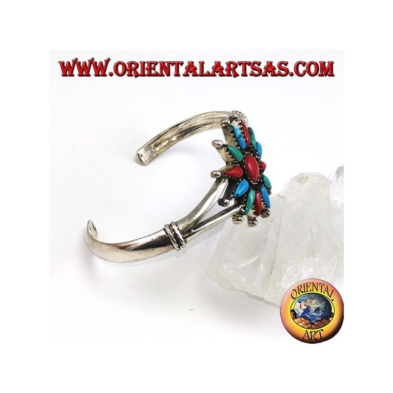 Bracelet rigide en argent, étoile à 12 branches avec corail et turquoise