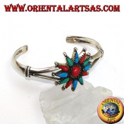 Pulsera de plata rígida, estrella de 12 puntas con coral y turquesa