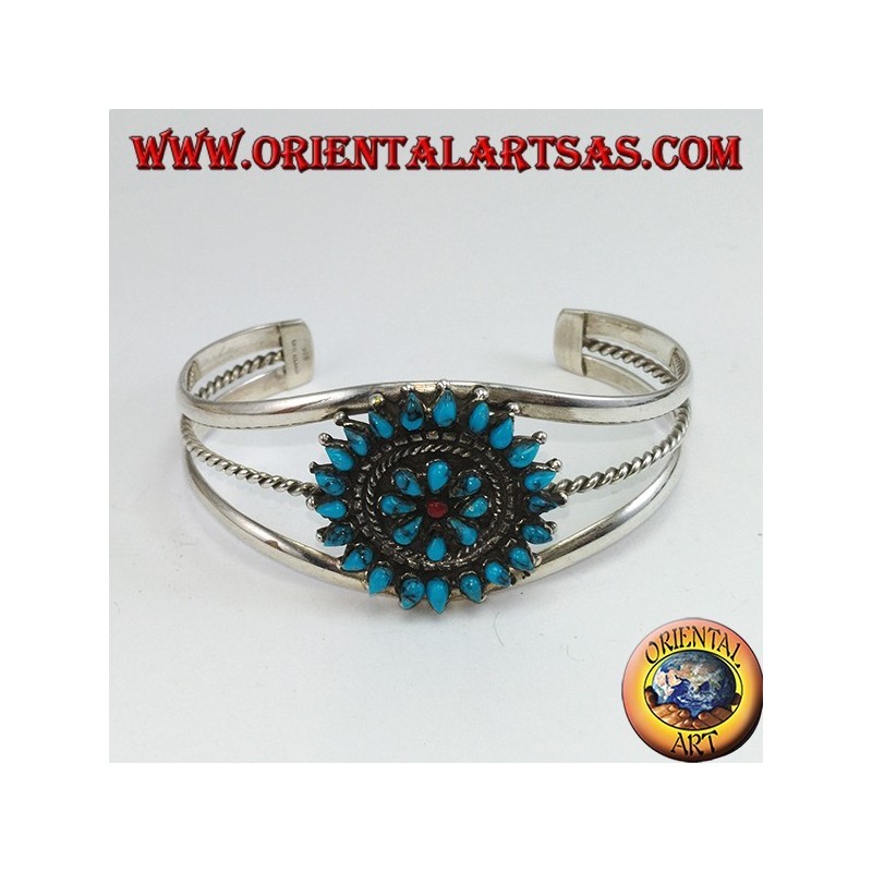 Pulsera de plata rígida, flor de turquesa lágrima