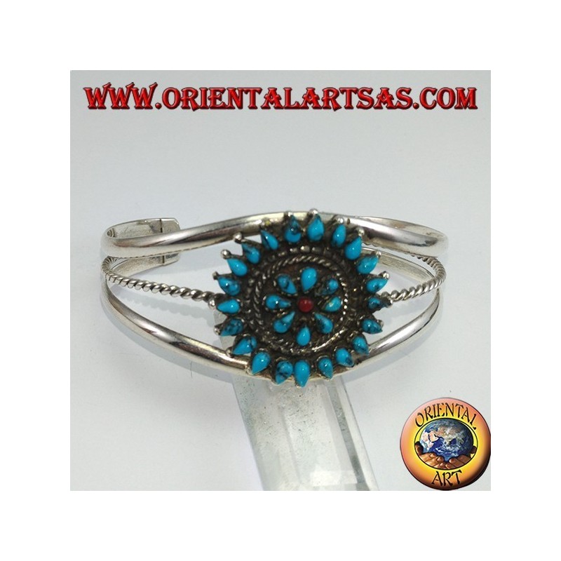 Bracciale rigido in argento, fiore di turchesi a goccia