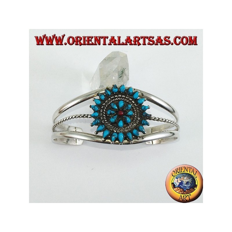 Bracciale rigido in argento, fiore di turchesi a goccia