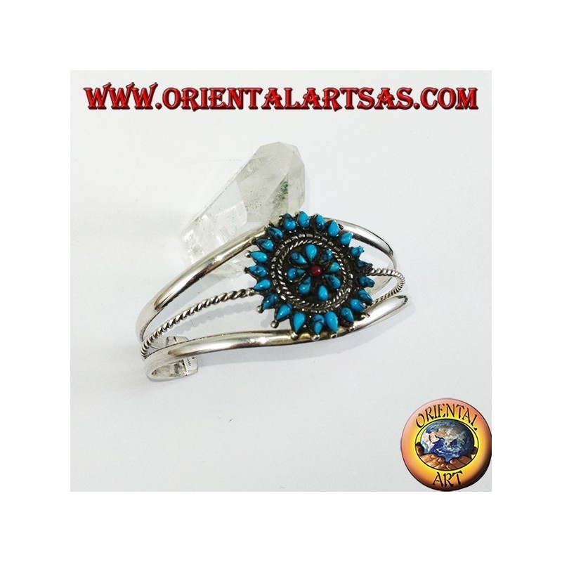 Bracelet en argent rigide, fleur de turquoise en forme de larme