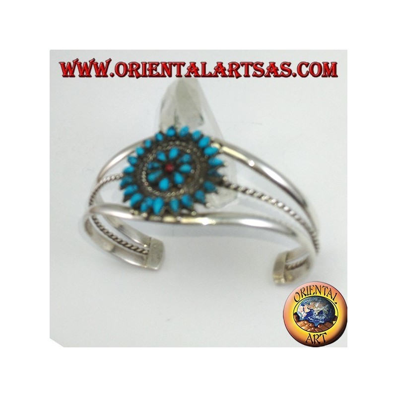 Bracciale rigido in argento, fiore di turchesi a goccia