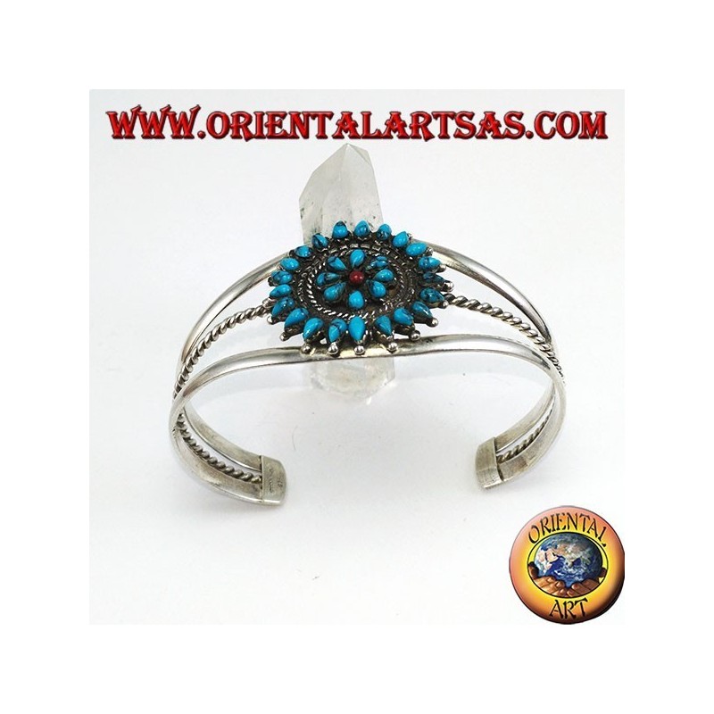 Rigid silver bracelet, teardrop turquoise flower