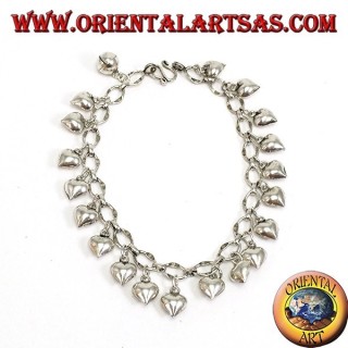 Bracelet en argent avec coeurs suspendus et anneau de cloche