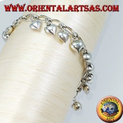 Silver bracelet with hanging hearts and bell ring