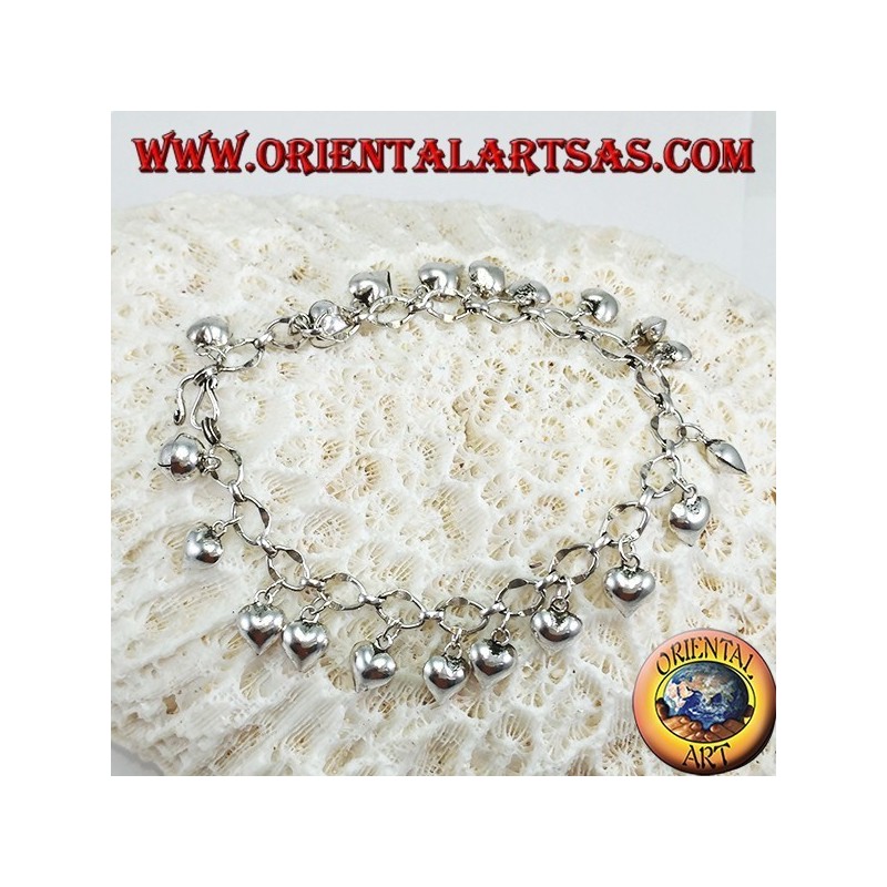 Bracelet en argent avec coeurs suspendus et anneau de cloche