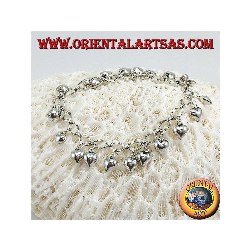 Bracciale in argento ad anelli cuori pendenti e campanellino