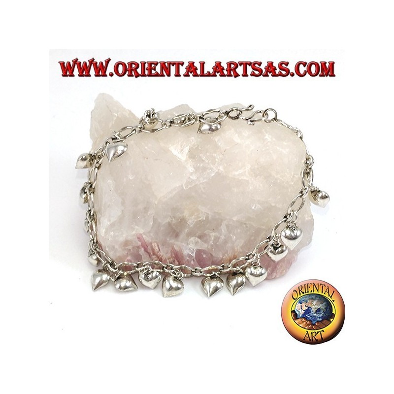 Pulsera de plata con corazones colgantes y campana