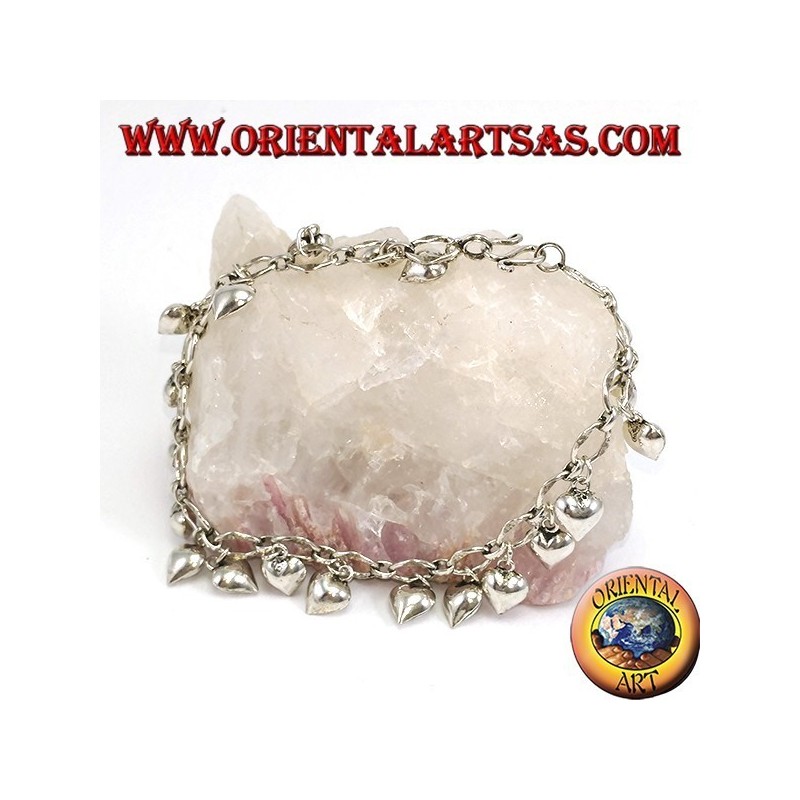 Bracciale in argento ad anelli cuori pendenti e campanellino