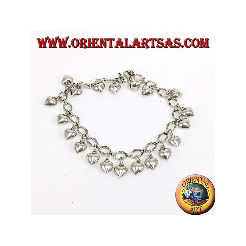 Bracciale in argento ad anelli cuori pendenti e campanellino