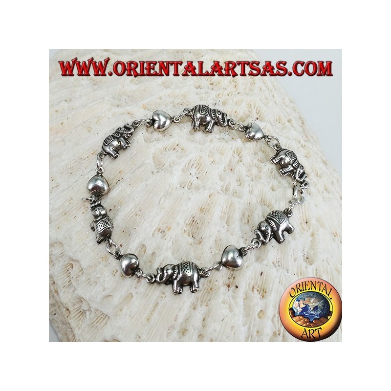 Bracelet of elephants and hearts alternating in a row in silver