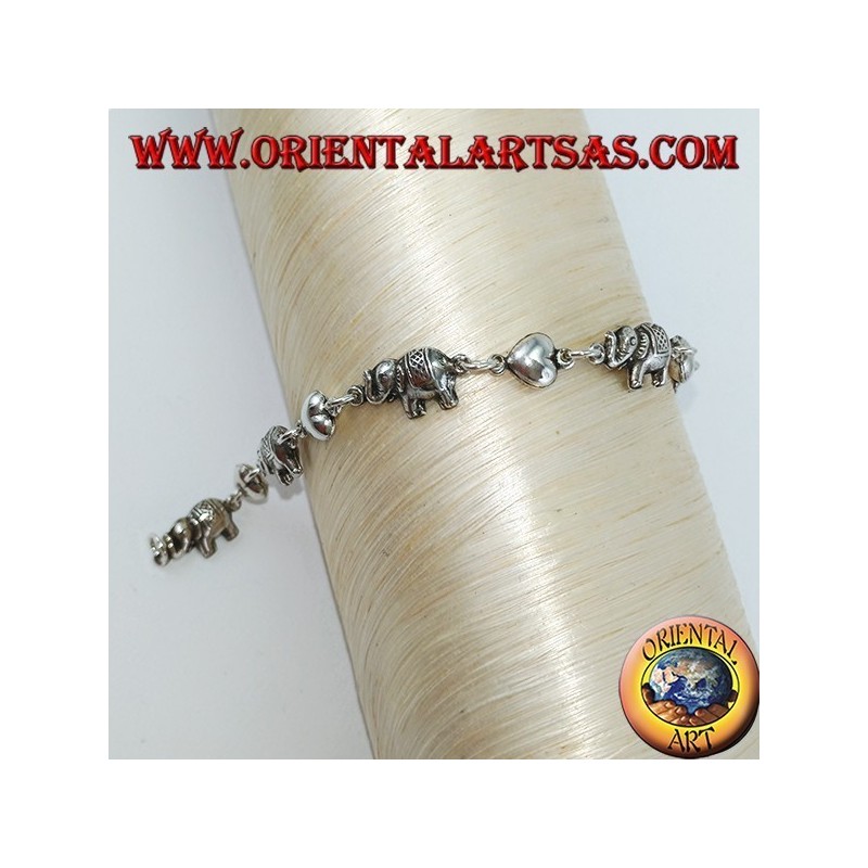 Bracelet of elephants and hearts alternating in a row in silver
