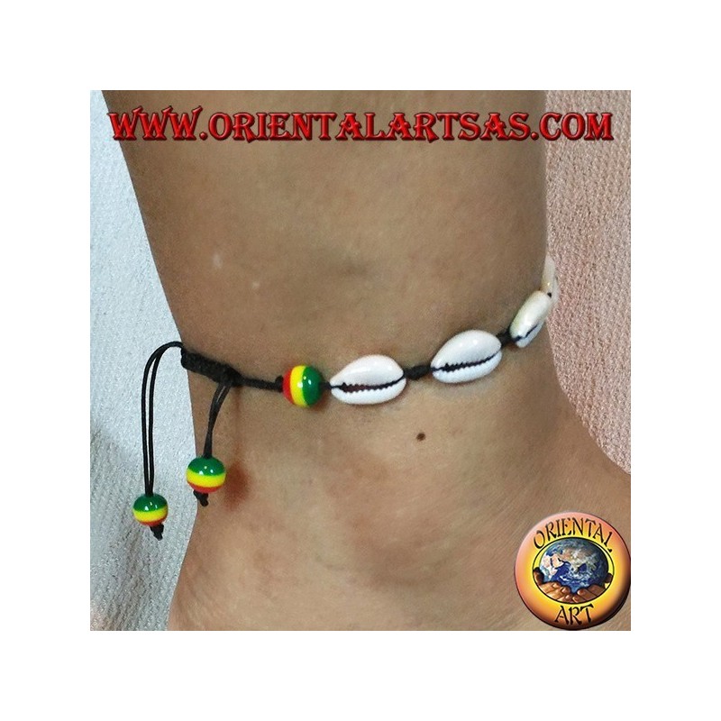 Armband - Kaurimuschel-Fußkettchen und Slipknot mit Rasta-Kugeln