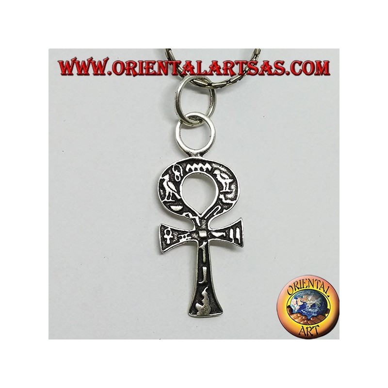Silver pendant, ankh cross with hieroglyphics, cross of love