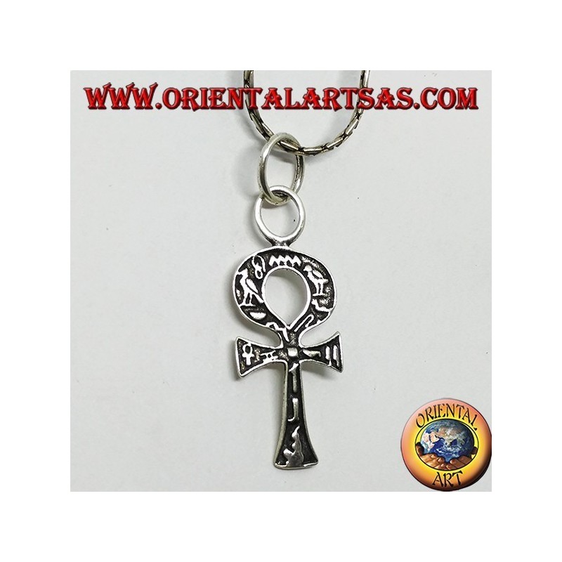 Silver pendant, ankh cross with hieroglyphics, cross of love