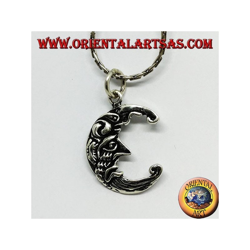 Pendentif en argent des deux côtés de la même lune, triste et heureux