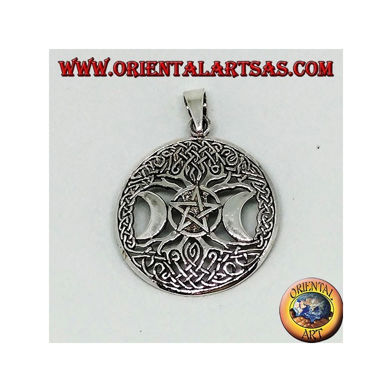 Silver pendant, the tree of the triple Goddess with pentacle