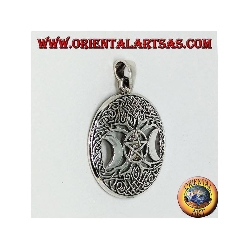 Pendentif en argent, l'arbre de la triple déesse avec pentacle