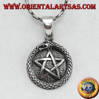 Silberanhänger, Talisman Uroboro ouroboros mit Pentakel