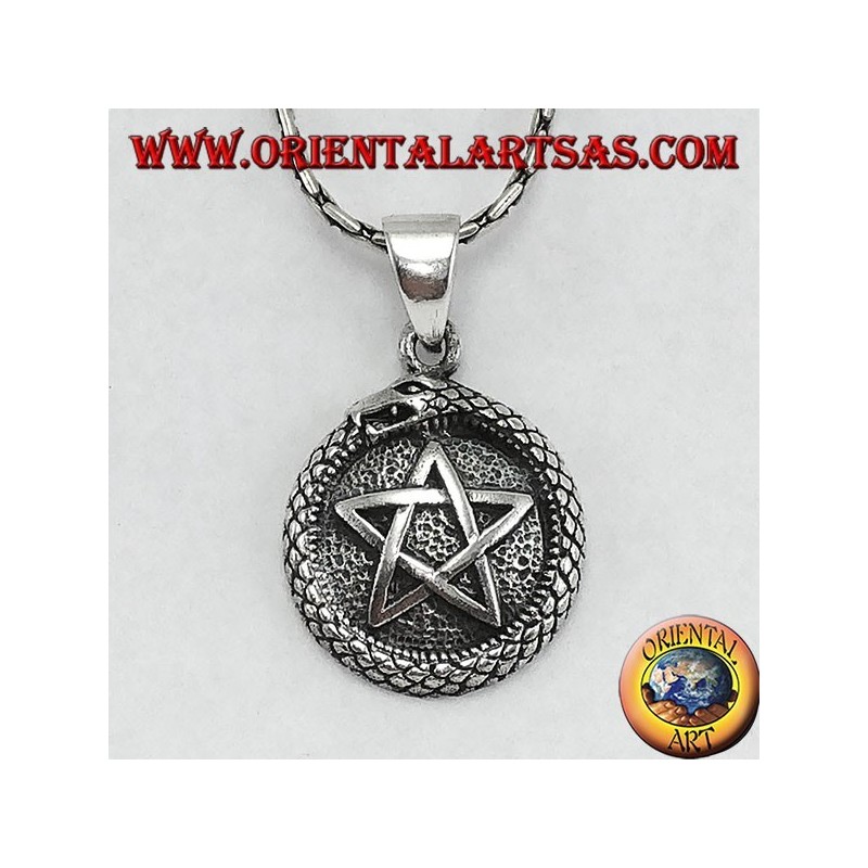 Silver pendant, talisman Uroboro ouroboros with pentacle