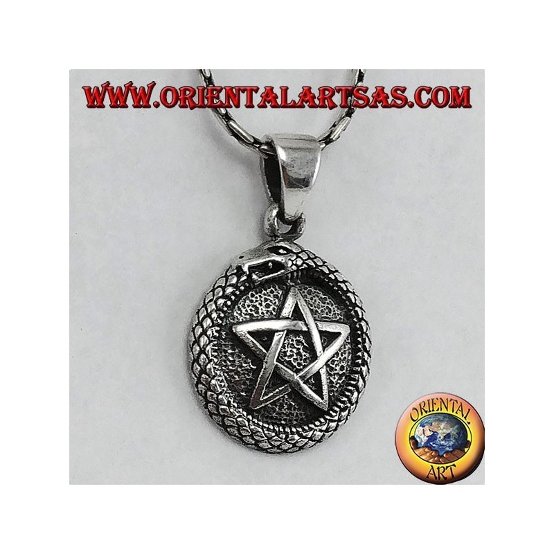 Pendentif en argent, talisman Uroboro ouroboros avec pentacle