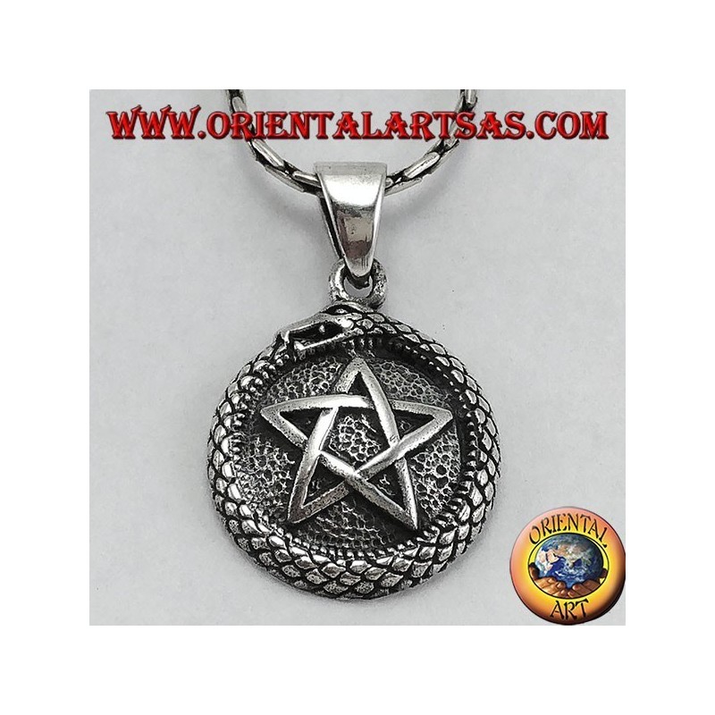 Silberanhänger, Talisman Uroboro ouroboros mit Pentakel