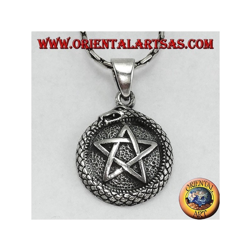 Silver pendant, talisman Uroboro ouroboros with pentacle