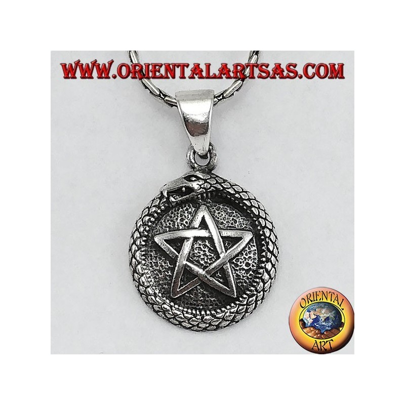 Silver pendant, talisman Uroboro ouroboros with pentacle