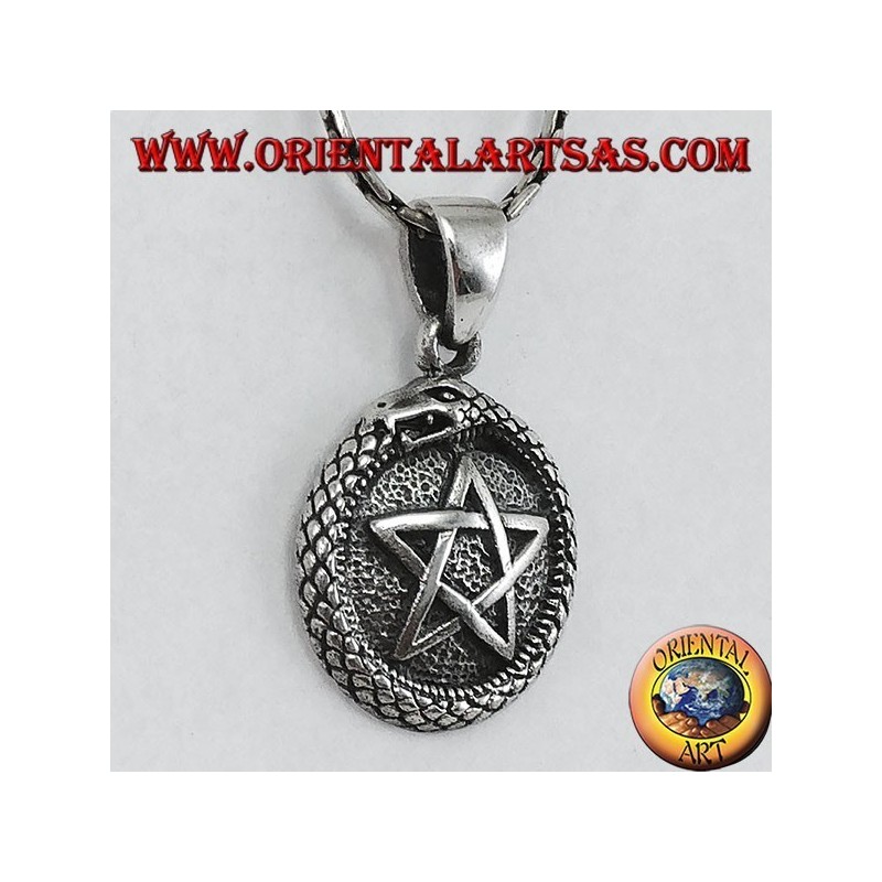 Silver pendant, talisman Uroboro ouroboros with pentacle