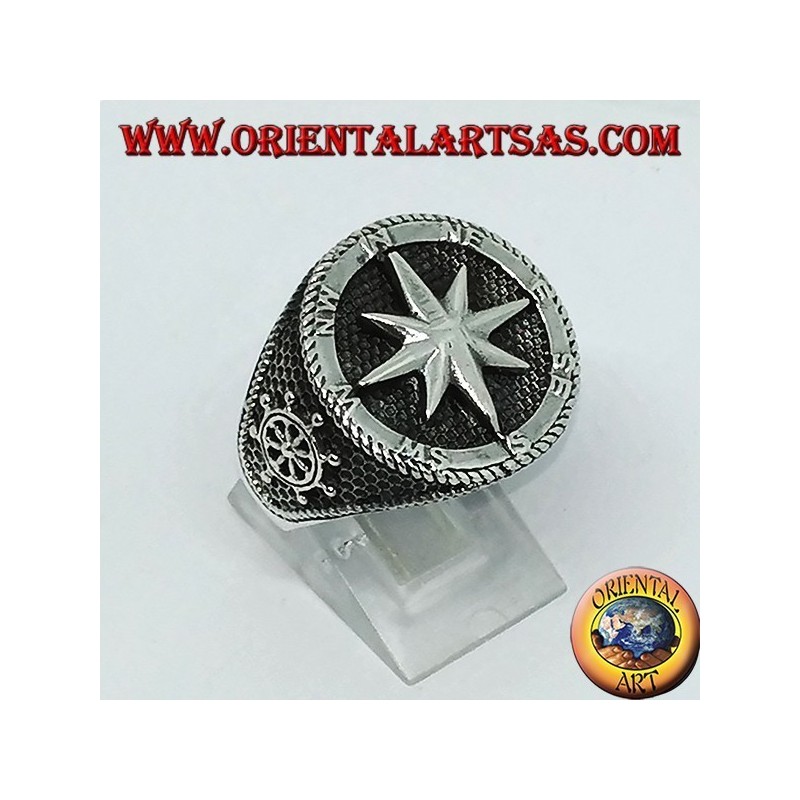 Bague en argent avec rose des vents, gouvernail et ancre sur les côtés