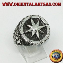 Silver ring with Compass rose, rudder and still on the sides