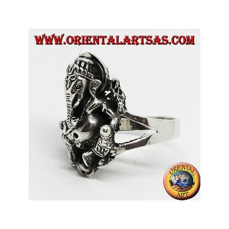 Silver ring with Ganesh sitting on the lotus flower