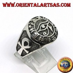 Silver ring, eye of Horus surrounded by hieroglyphs and ank on the sides