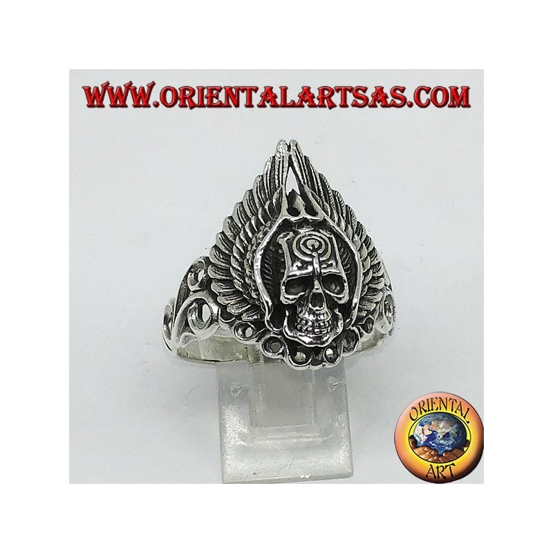 Anello in argento teschio con ali