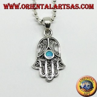 Colgante de plata, mano de fatima hamsa con ópalo.