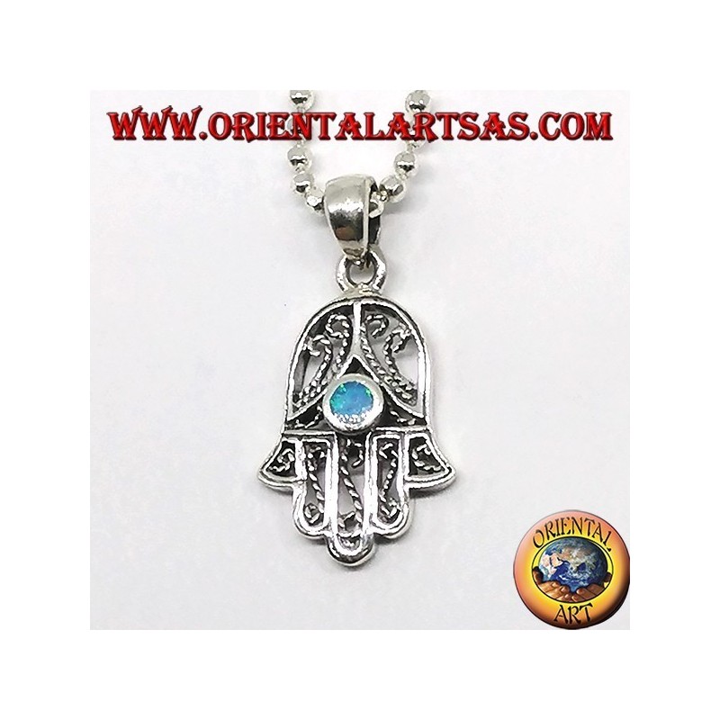 silver pendant, hand of fatima with eye and zircons