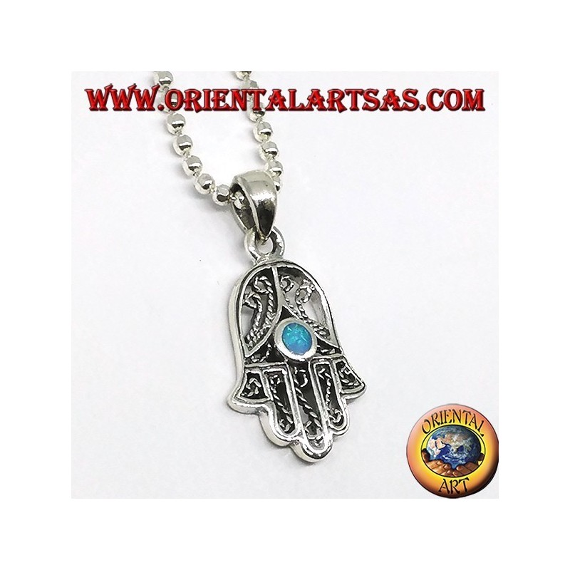 Silberanhänger, Hand aus Fatima Hamsa mit Opal