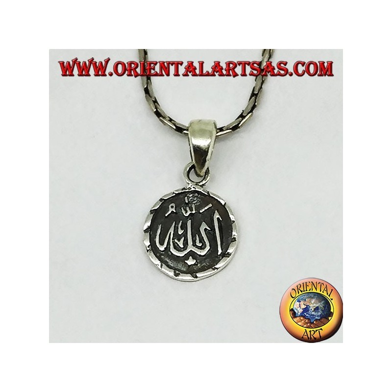 Ciondolo tondo in argento bifacciale  Allah ﷲ‎  ed la  mezzaluna e stella 
