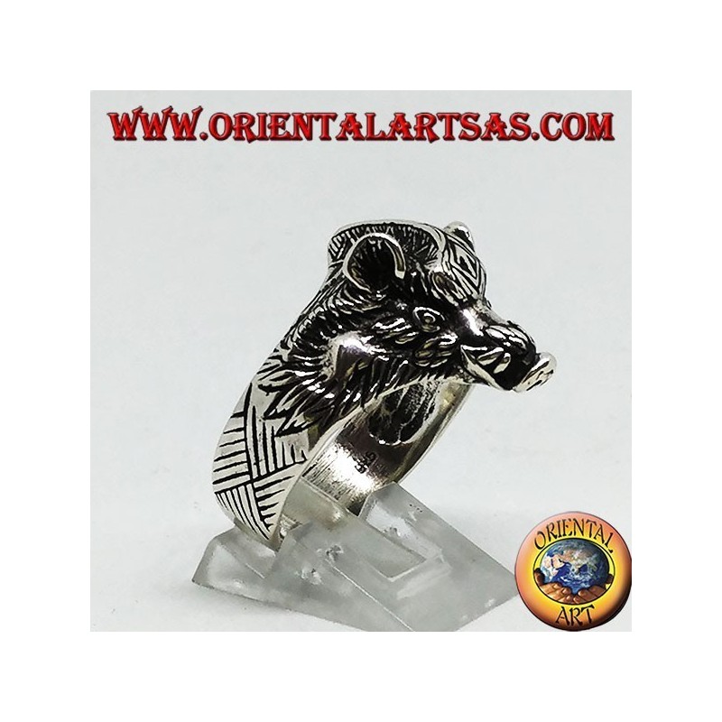 Silver ring with a boar's head