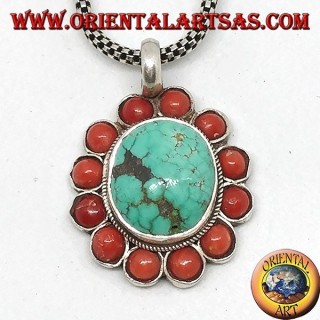 Pendentif en argent avec turquoise ovale tibétaine naturelle et corail