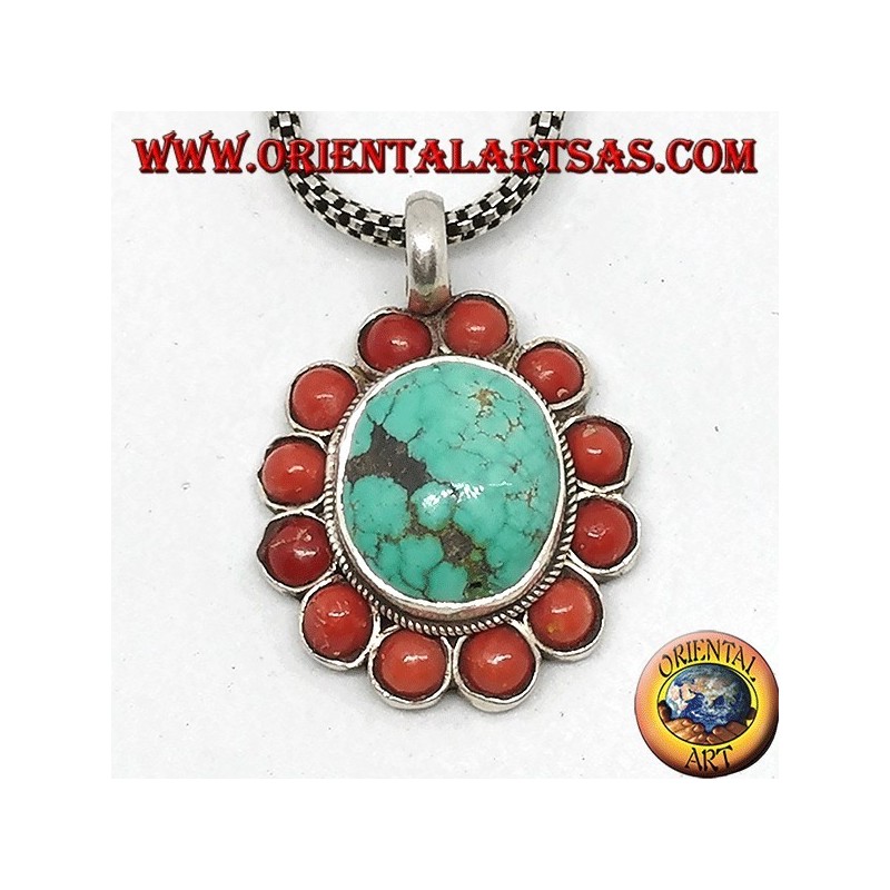 Pendentif en argent avec turquoise ovale tibétaine naturelle et corail