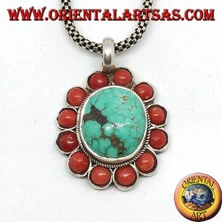 Colgante de plata con turquesa natural tibetana ovalada y coral