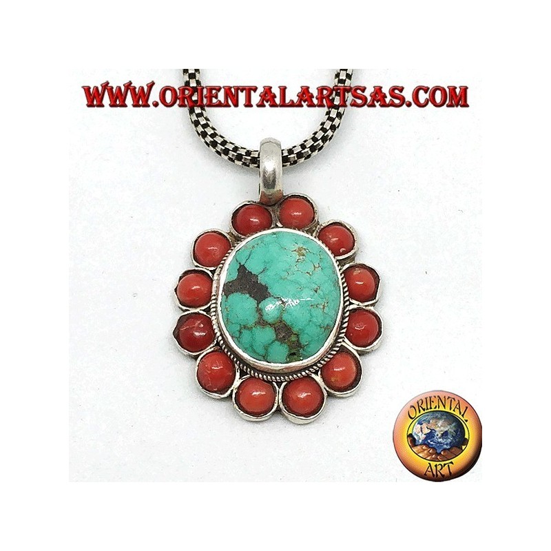 Pendentif en argent avec turquoise ovale tibétaine naturelle et corail