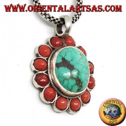Colgante de plata con turquesa natural tibetana ovalada y coral