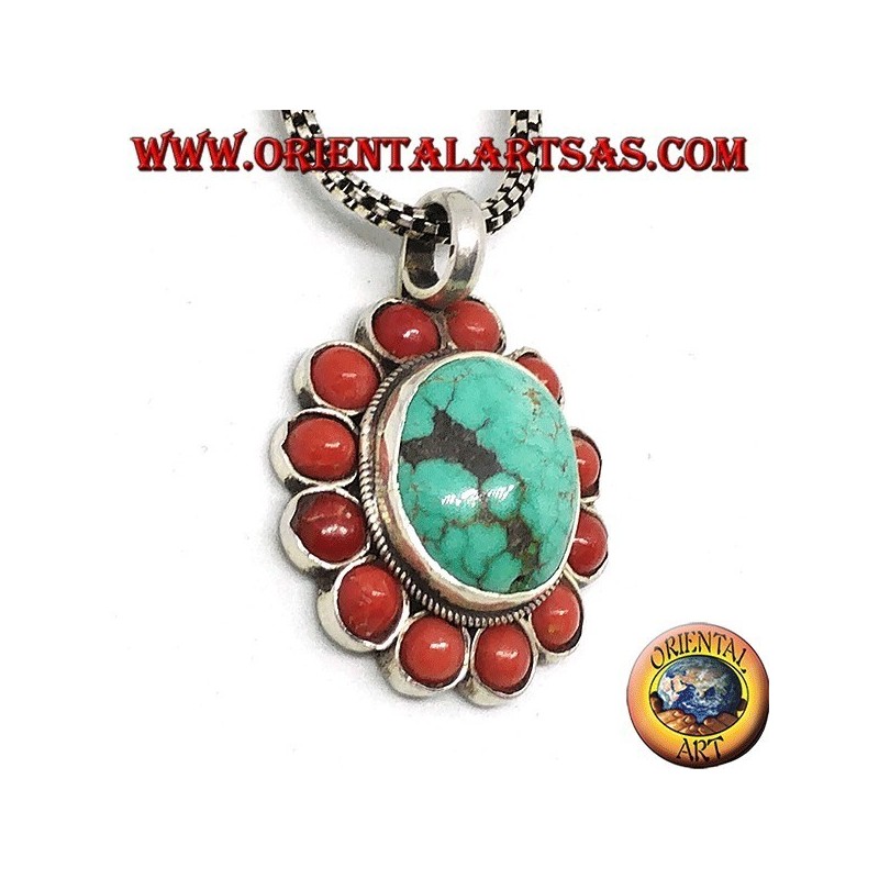 Pendentif en argent avec turquoise ovale tibétaine naturelle et corail