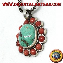 Colgante de plata con turquesa natural tibetana ovalada y coral