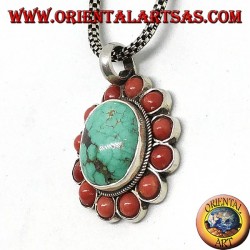 Pendentif en argent avec turquoise ovale tibétaine naturelle et corail